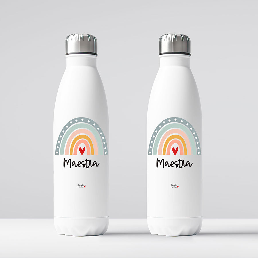 Botella personalizada para maestra: arcoíris con corazón rojo