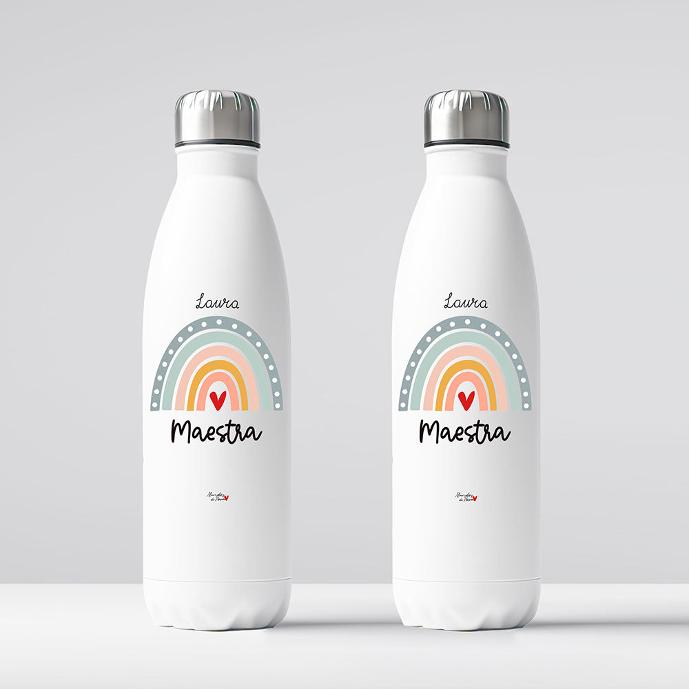 Botella personalizada para maestra: arcoíris con corazón rojo
