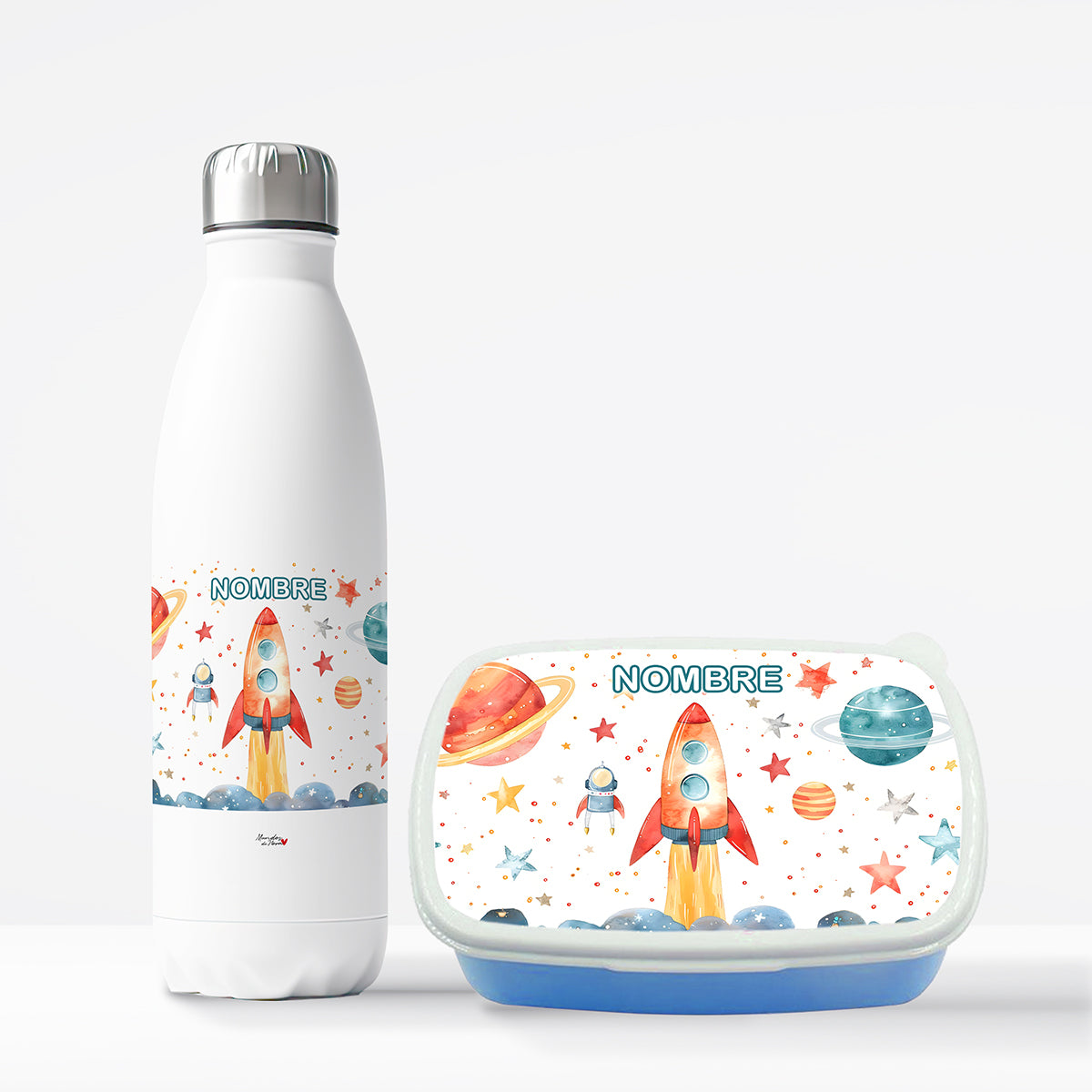 Pack botella y tupper personalizado cohete espacial