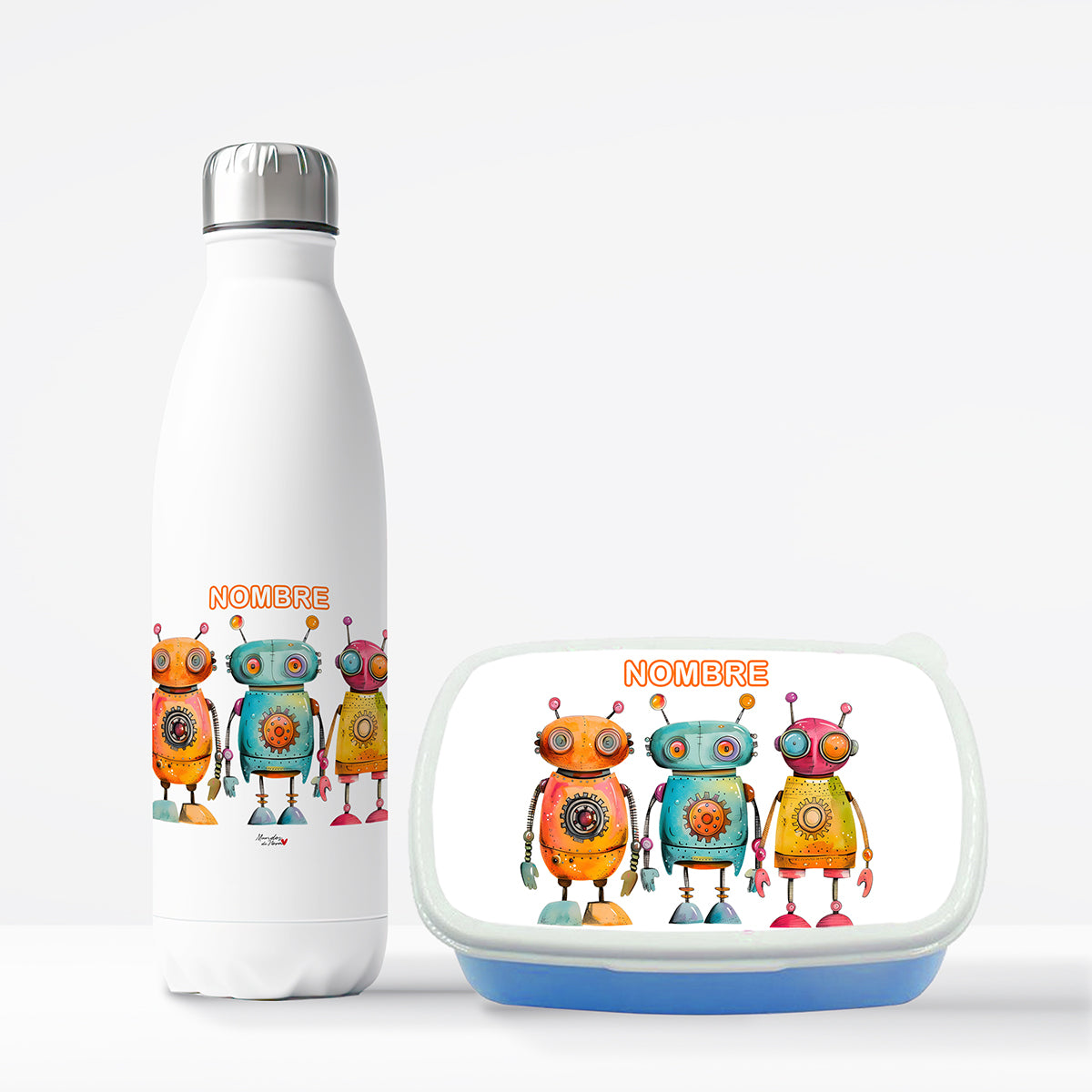 Pack botella y tupper personalizado robots