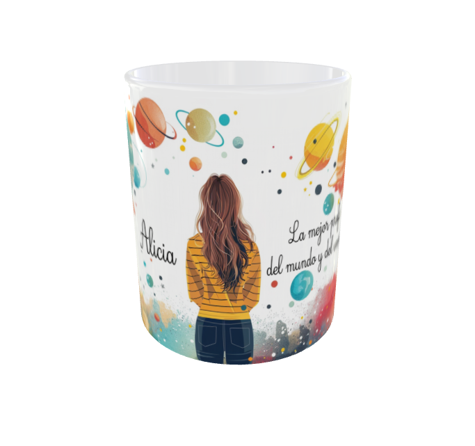 Taza personalizada para maestra con diseño del universo