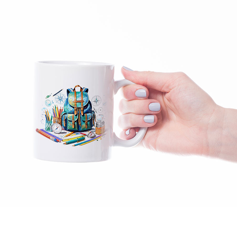 Taza personalizada para profesores con diseño de mochila de expedición