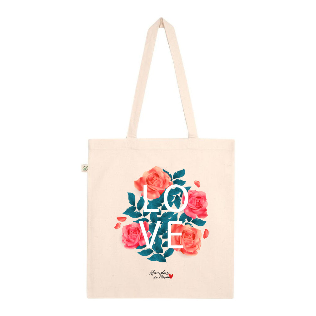 Tote bag con estampado de rosas y la palabra LOVE