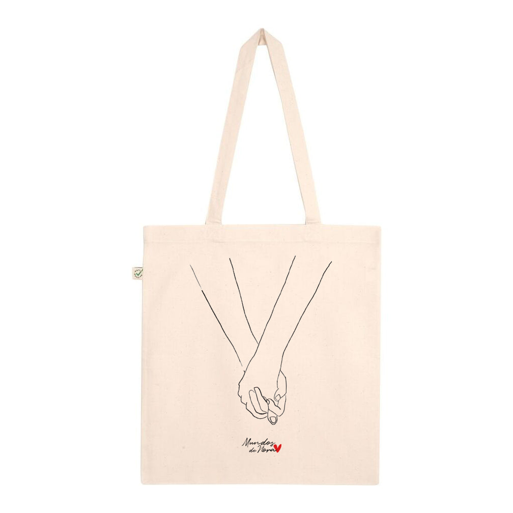 Tote bag con ilustración de manos cogidas para parejas enamoradas