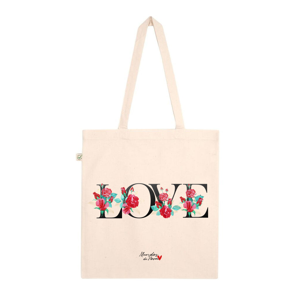 Bolsa con estampado de la palabra LOVE y flores rojas
