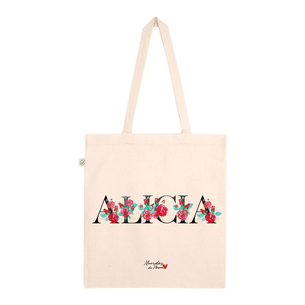 Tote bag personalizada con el nombre creado con tipografía con flores
