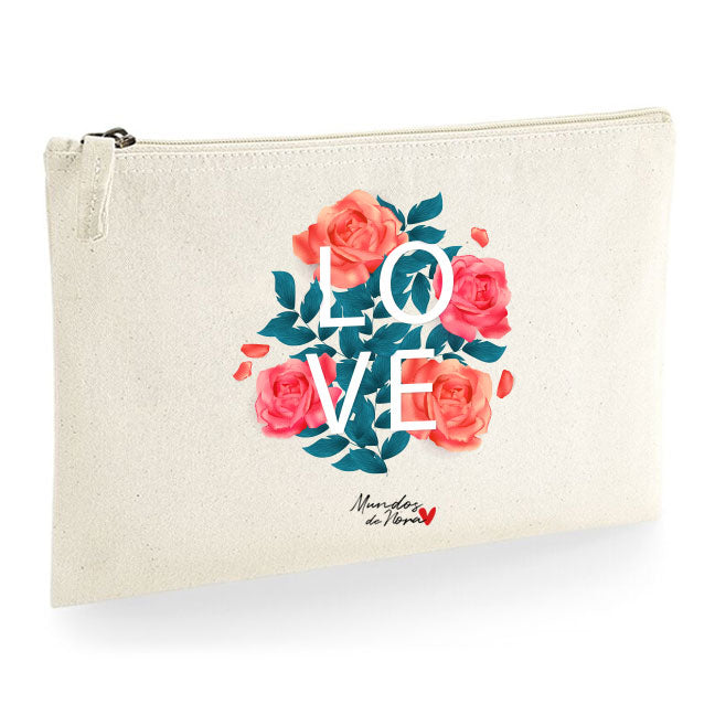 Neceser con estampado de rosas y la palabra LOVE