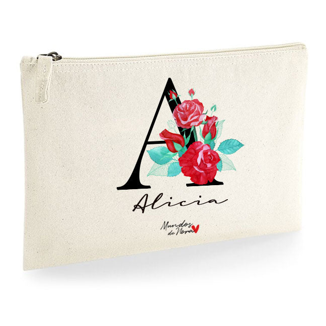 Neceser personalizado con la inicial con flores y nombre