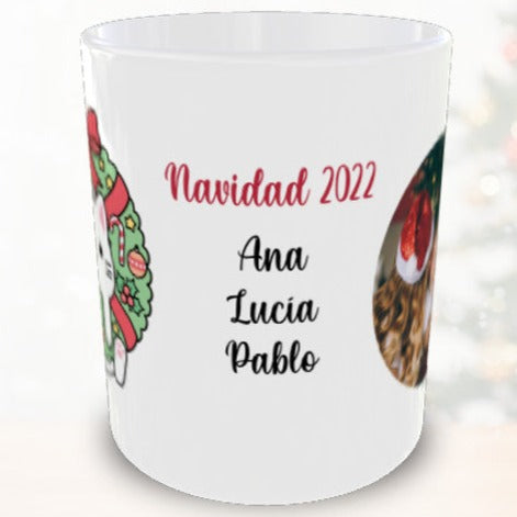 Taza personalizada de Navidad con foto y nombres - Gato kawaii corona Navidad