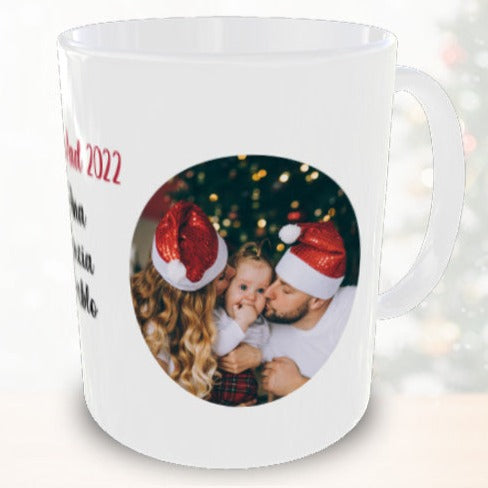 Taza personalizada de Navidad con foto y nombres - Gato kawaii corona Navidad