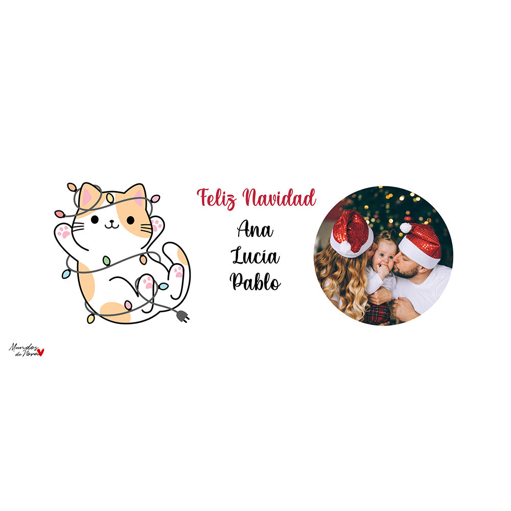 Taza personalizada de Navidad con foto y nombres - Gato kawaii luces de Navidad