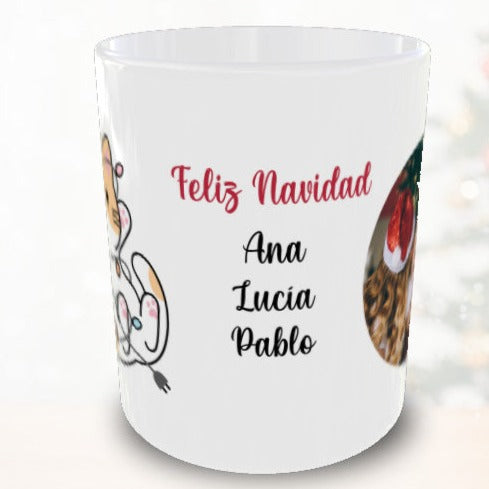 Taza personalizada de Navidad con foto y nombres - Gato kawaii luces de Navidad