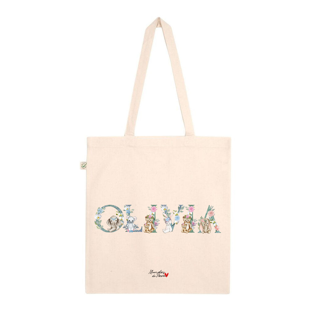 Bolsa personalizada con nombre y dibujos de animales
