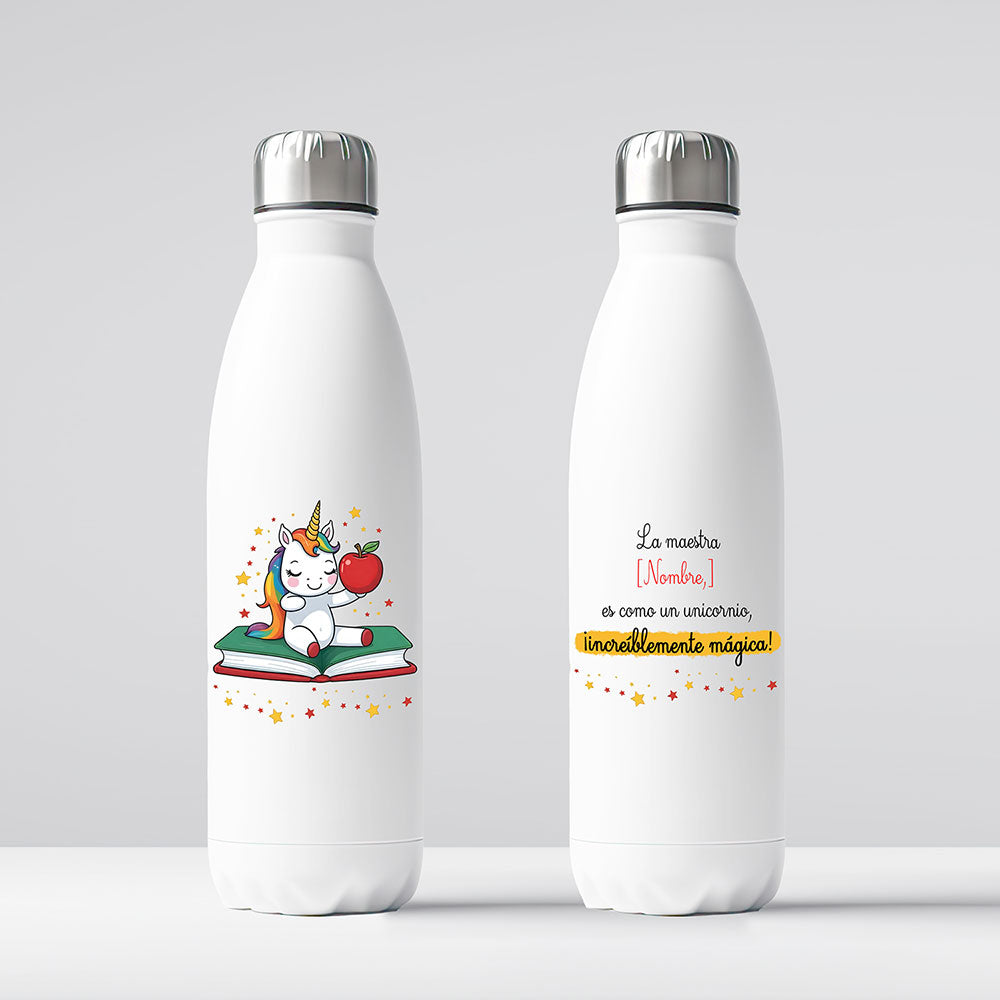 Botella de agua personalizable para maestra con diseño de unicornio