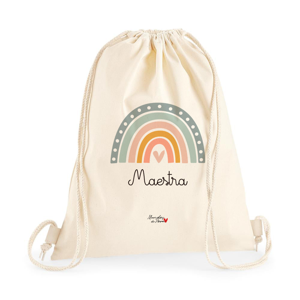 Mochila personalizada para maestros con arco iris en colores pastel y corazón rosa