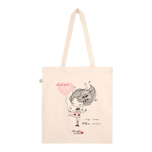 Tote bag con estampado de chica y globo con forma de corazón rosa