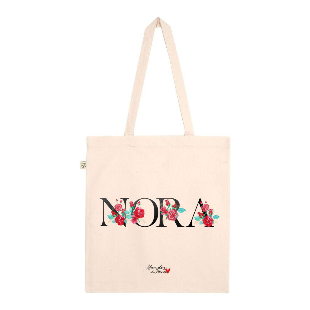 Tote bag personalizada con el nombre creado con tipografía con flores