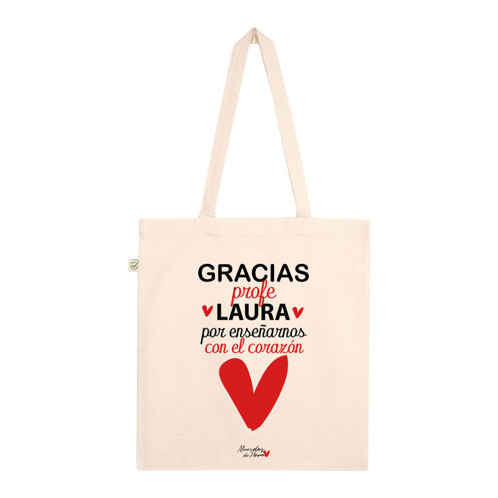 Tote Bag Personalizada "Gracias Profe" con Nombre Personalizado y Diseño de Corazón Rojo