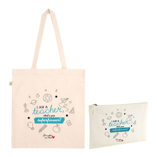 Pack Tote bag + Neceser "I am a teacher, whats your superpower?"