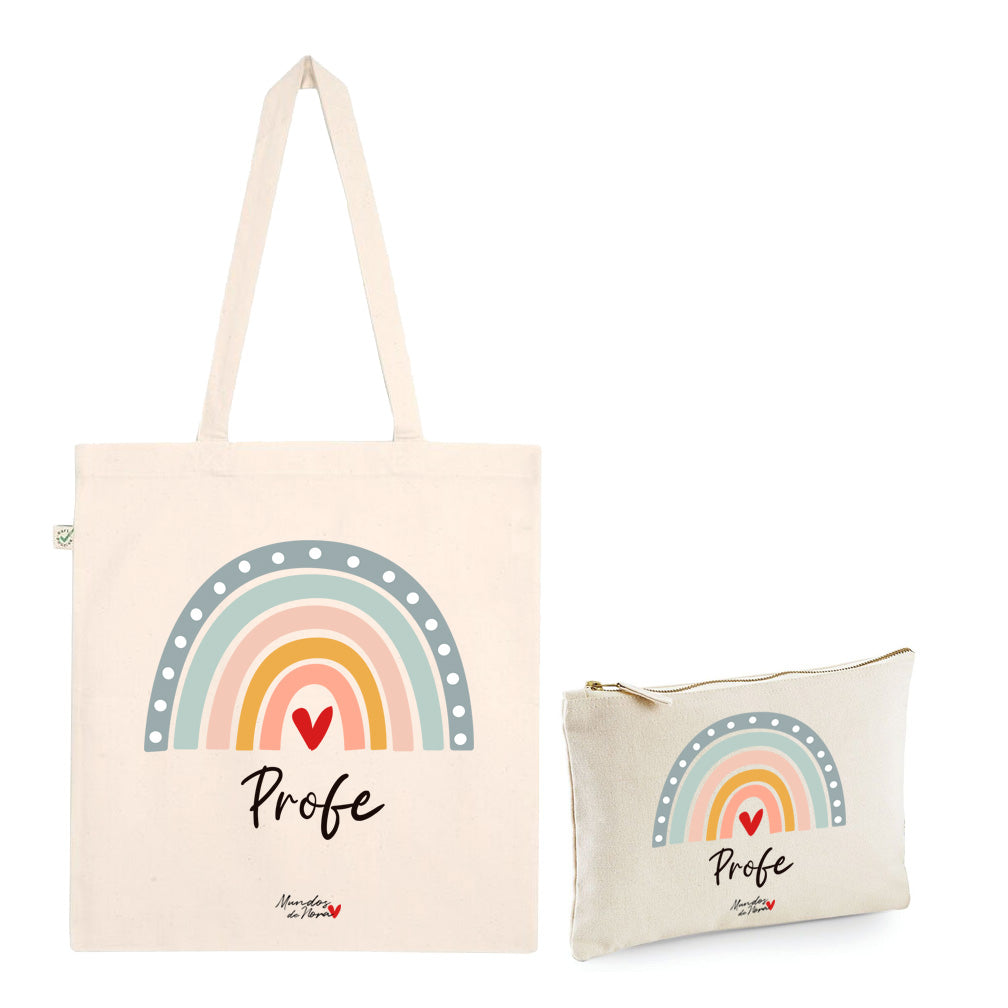 Pack Tote bag + Neceser profe arco iris color pastel corazón rojo
