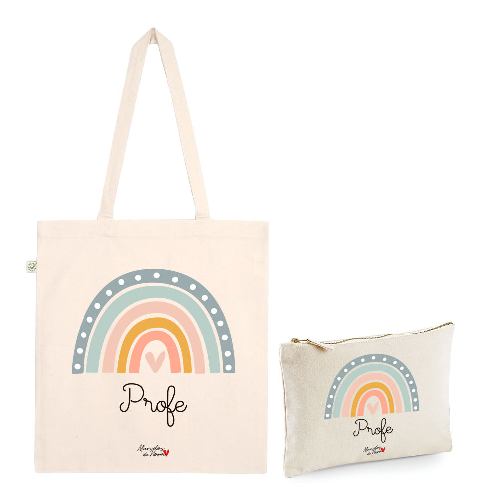Pack Tote bag + Neceser profe arco iris color pastel corazón rosa