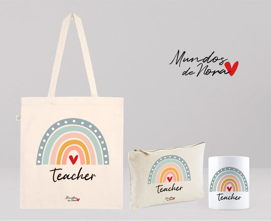 Pack Tote bag + Neceser + Taza teacher arco iris color pastel corazón rojo