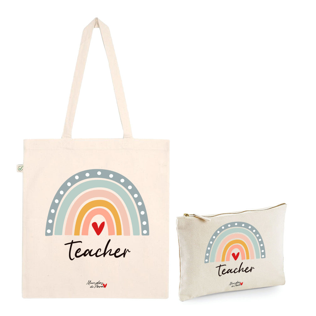 Pack Tote bag + Neceser teacher arco iris color pastel corazón rojo