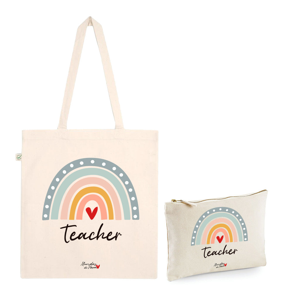 Pack Regalo Tote bag + Neceser teacher arco iris color pastel corazón rojo