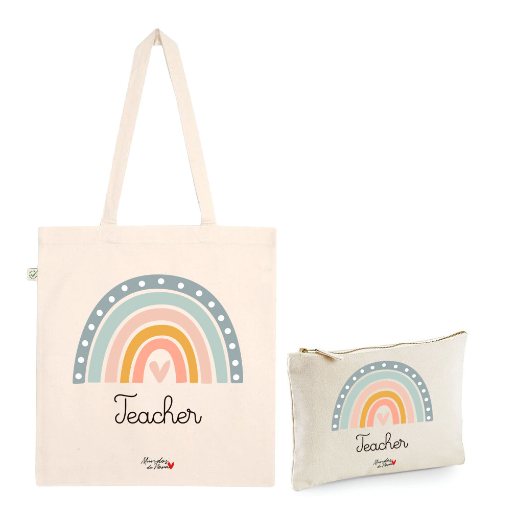 Pack Regalo Tote bag + Neceser teacher arco iris color pastel corazón rosa