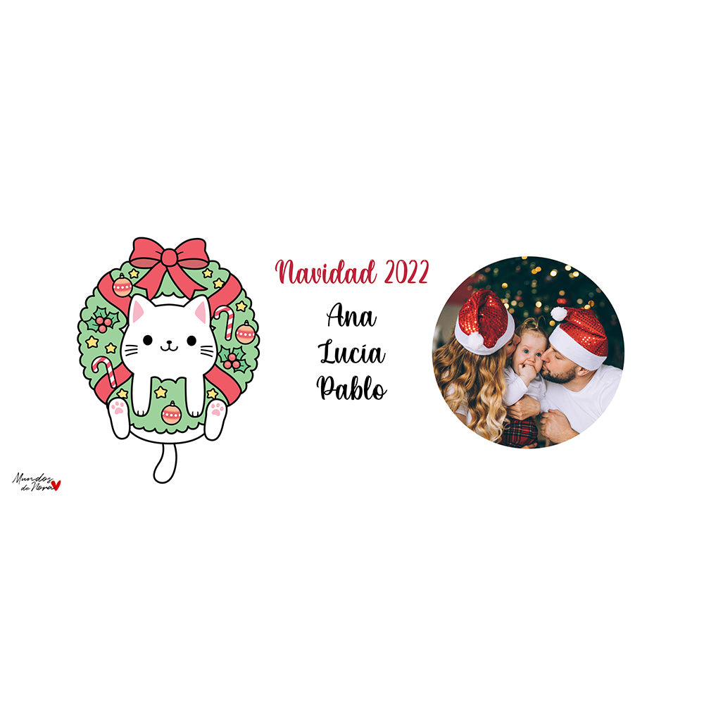 Taza personalizada de Navidad con foto y nombres - Gato kawaii corona Navidad