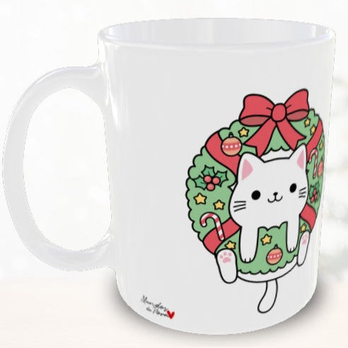 Taza personalizada de Navidad con foto y nombres - Gato kawaii corona Navidad
