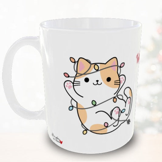 Taza personalizada de Navidad con foto y nombres - Gato kawaii luces de Navidad