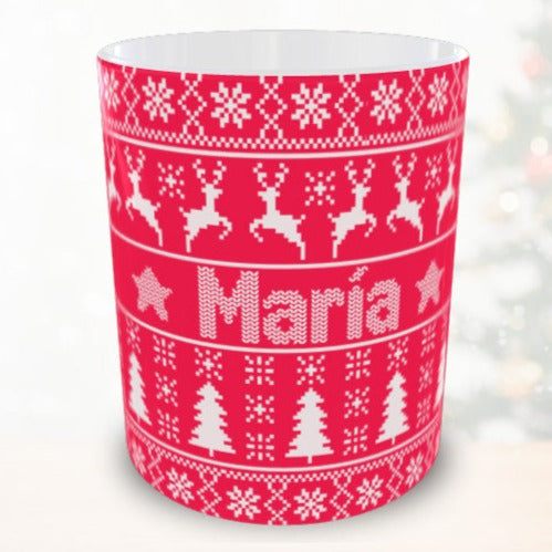 Taza personalizada de Navidad con nombre - Diseño jersey de punto navideño