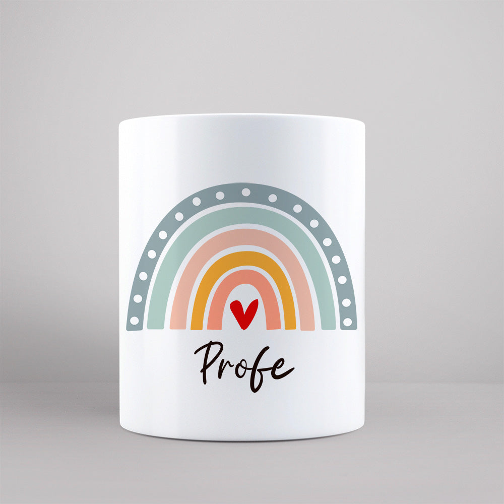 Taza profe arco iris color pastel y corazón rojo