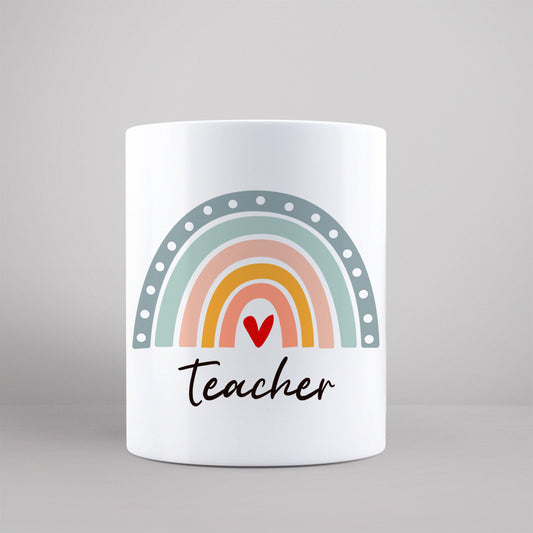 Taza teacher arco iris color pastel y corazón rojo