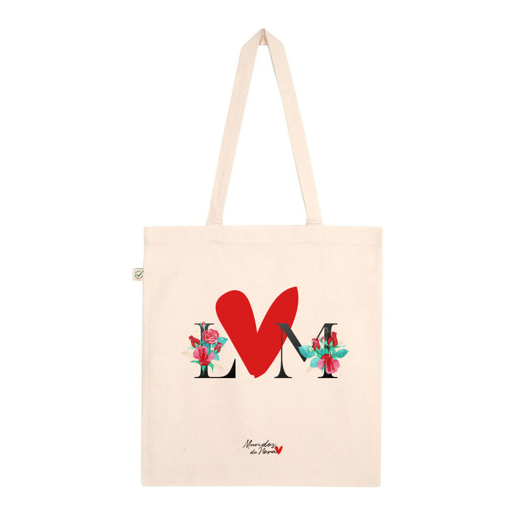 Tote bag personalizada con iniciales y corazón rojo